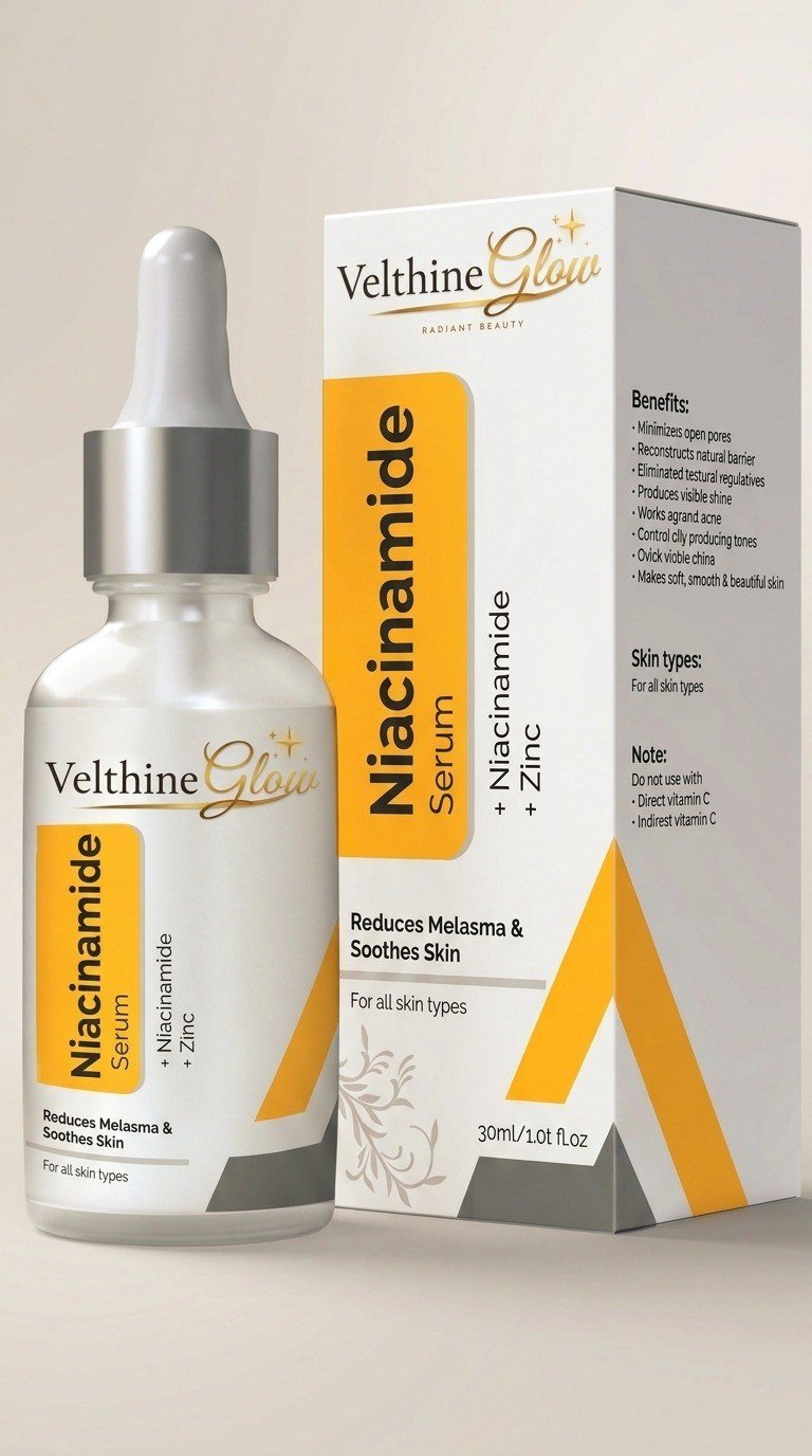 VelthineGlow Niacinamide 10% + Zinc 1% Serum 30 ml dropper bottle and box